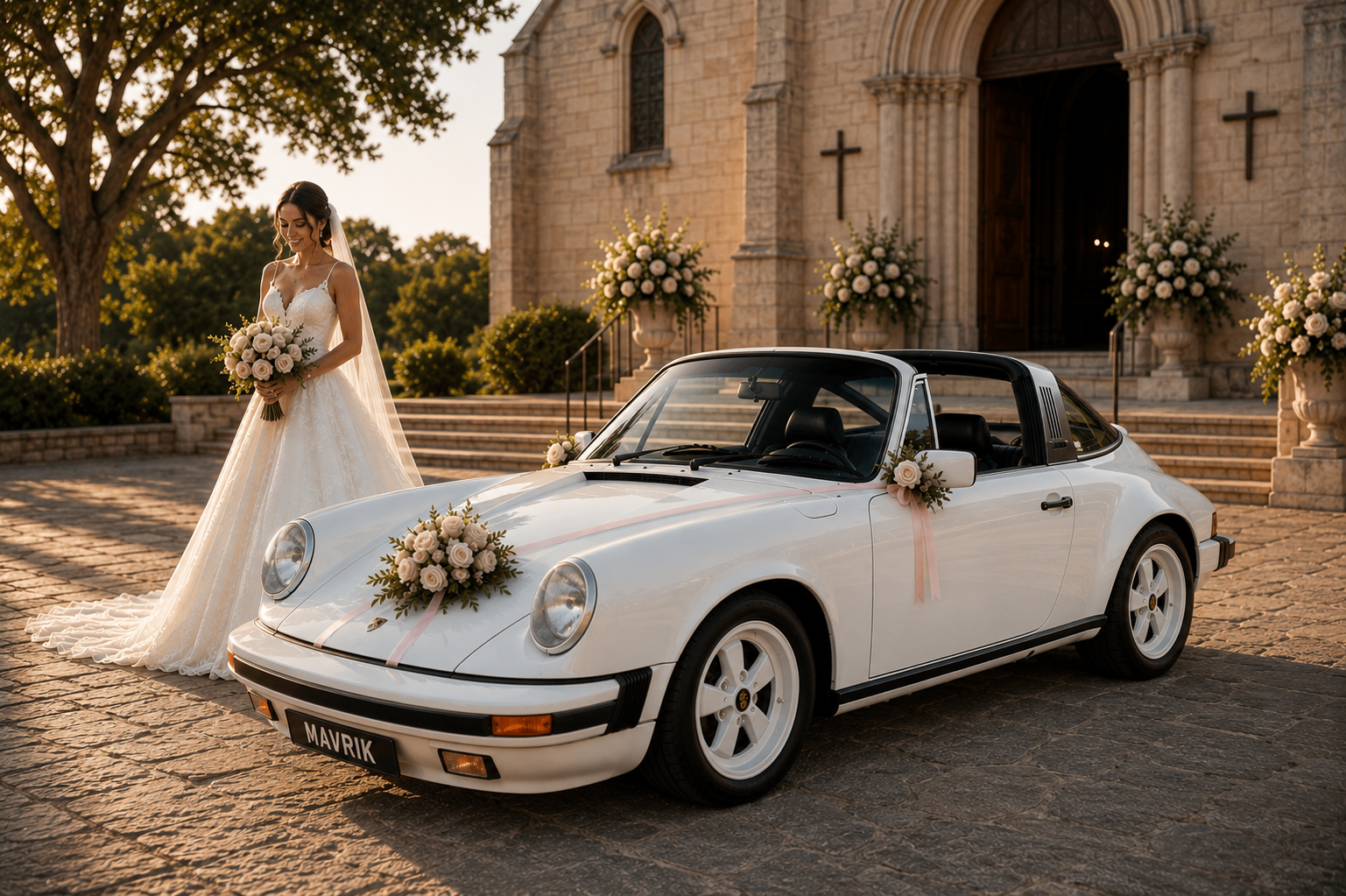 Porsche 911 Targa blanche décorée pour un mariage devant une église