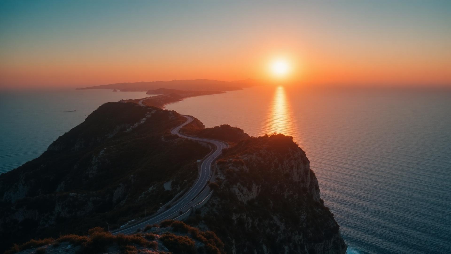 French Riviera coastal road at sunset